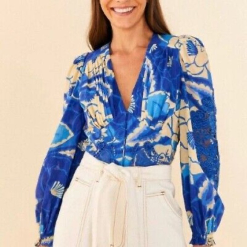 Farm Rio Blouse Blue Tropical Groove